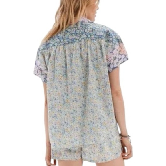 AE Oversized Resort Shirt Button Down Ditzy Floral Patchwork Pink Blue Size M - Picture 6 of 10